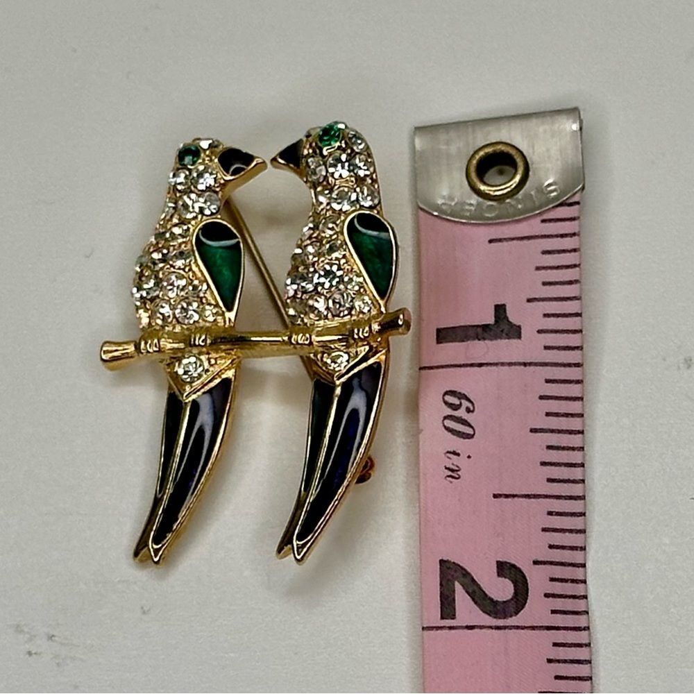 Vtg Erwin Pearl Parrot Brooch for Saks Fifth Ave Rhinestone Enamel Lovebirds Pin - Picture 7 of 8